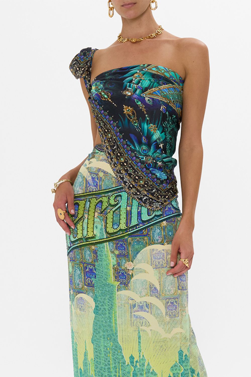 CAMILLA Green/Black Large Square Scarf in Defy Gravity Print.