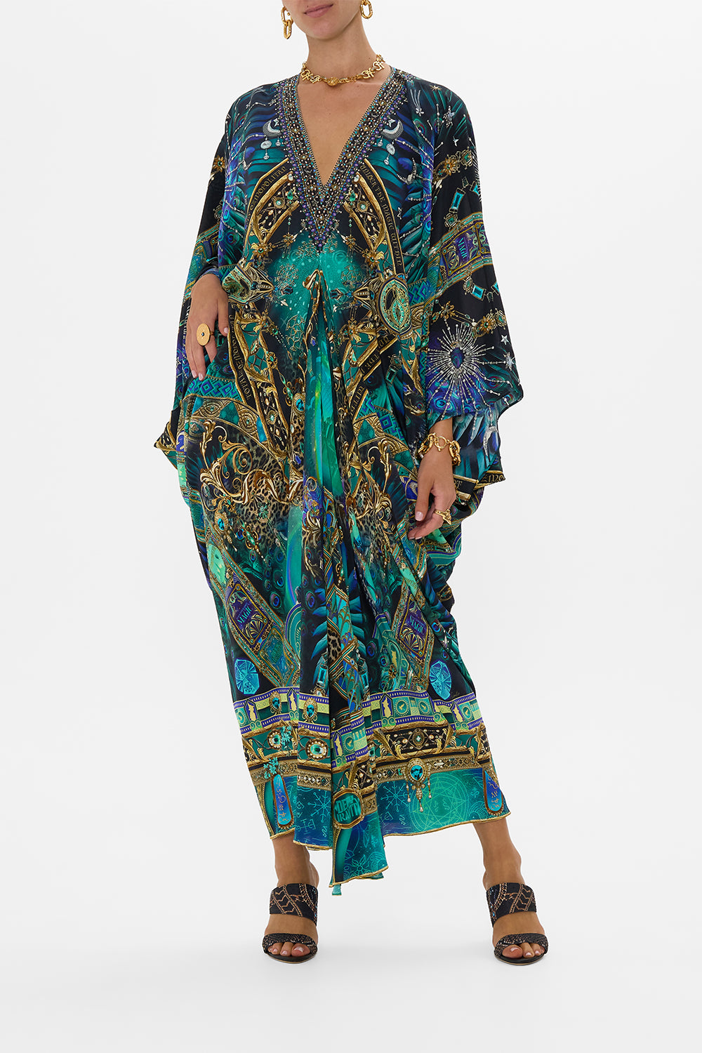 CAMILLA Green/Black T Shape Long Kaftan in Defy Gravity Print