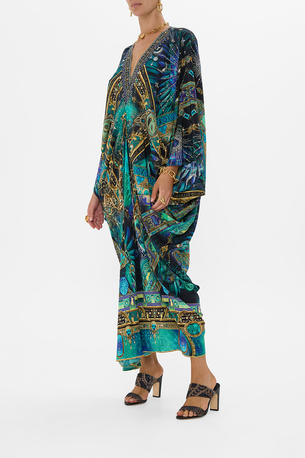 CAMILLA Green/Black T Shape Long Kaftan in Defy Gravity Print