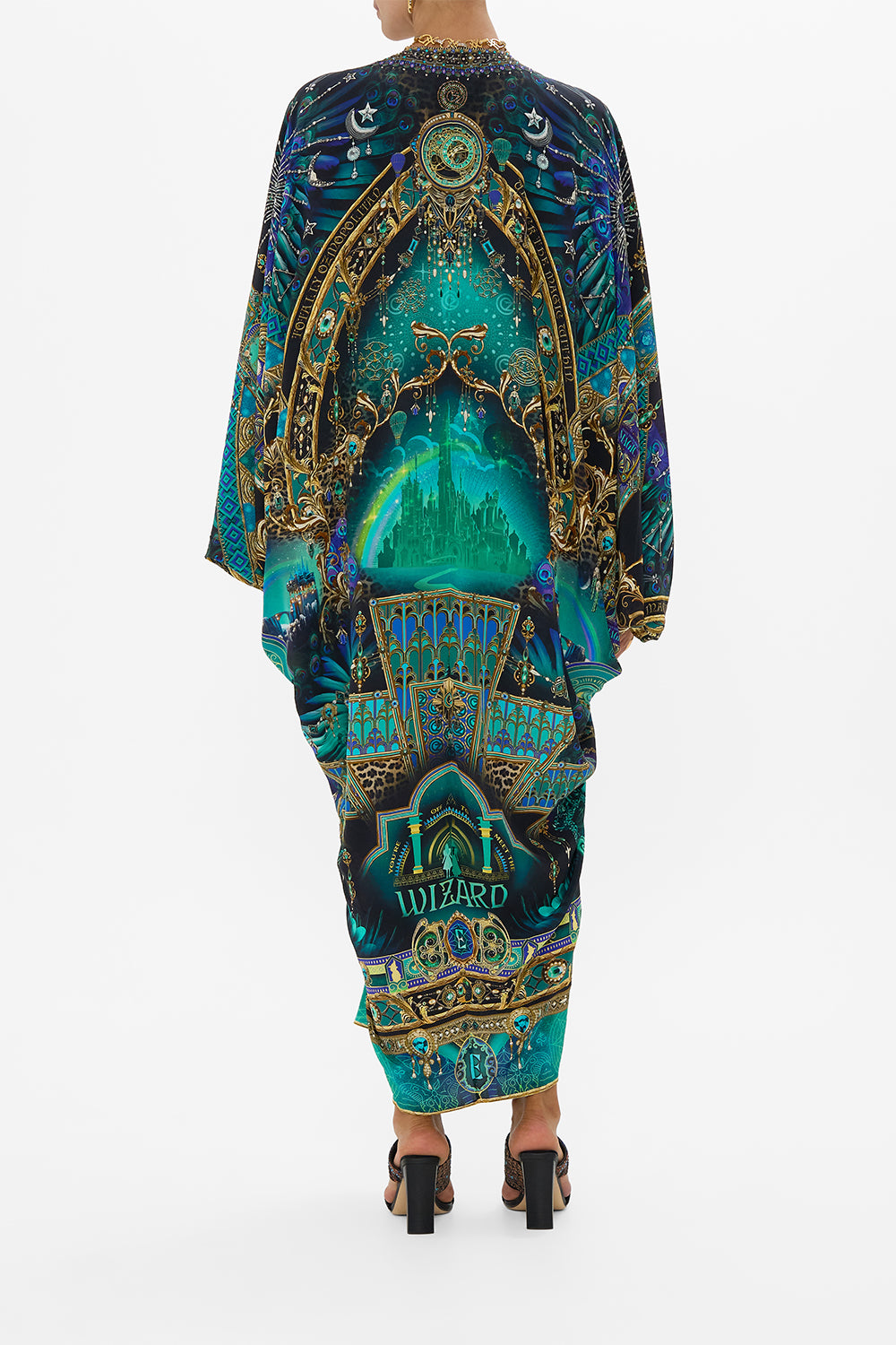 CAMILLA Green/Black T Shape Long Kaftan in Defy Gravity Print