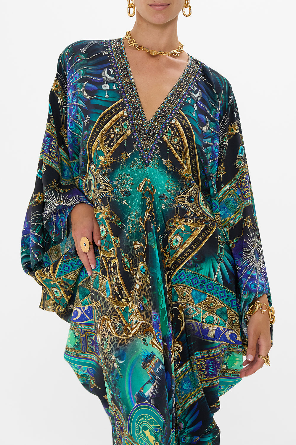 CAMILLA Green/Black T Shape Long Kaftan in Defy Gravity Print