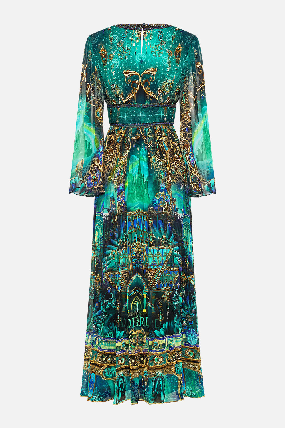 CAMILLA Green/Black Hardware Detail Long Sleeve Dress in Defy Gravity Print. 