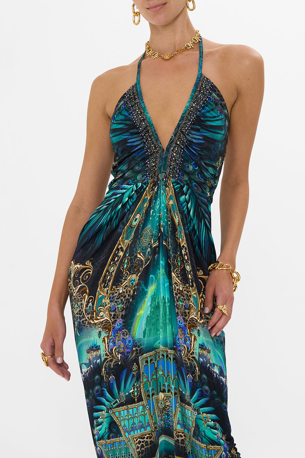 CAMILLA Green/Black V Neck Gathered Jersey Dress Defy Gravity