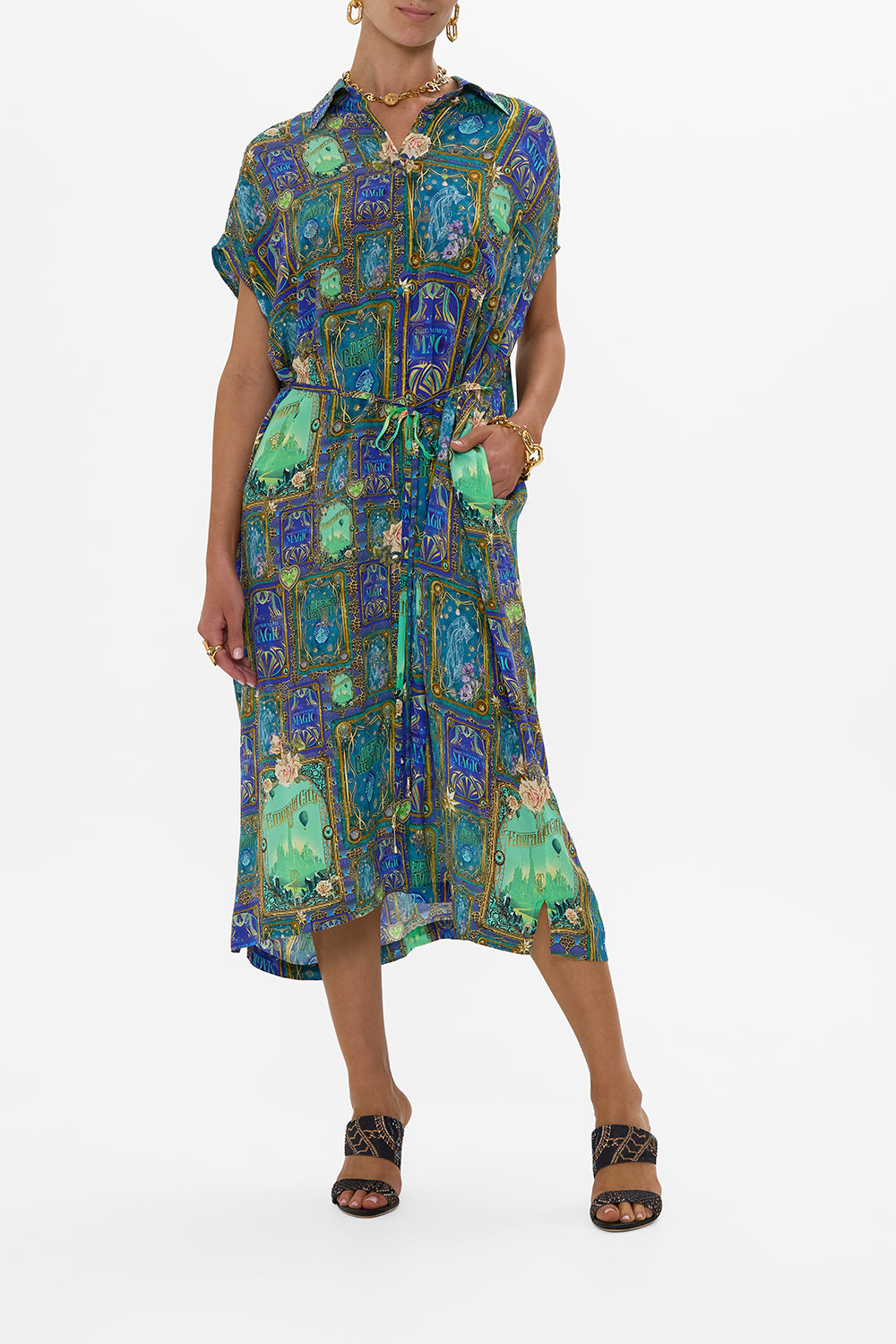 CAMILLA Green/Black Sleeveless Shirtdress in Defy Gravity Print
