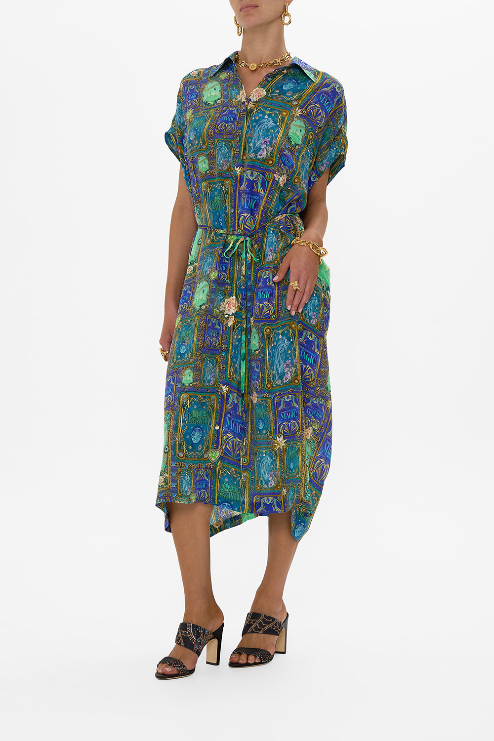 CAMILLA Green/Black Sleeveless Shirtdress in Defy Gravity Print