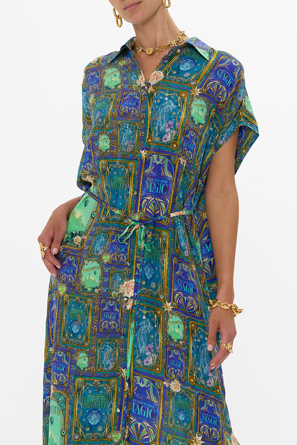 CAMILLA Green/Black Sleeveless Shirtdress in Defy Gravity Print