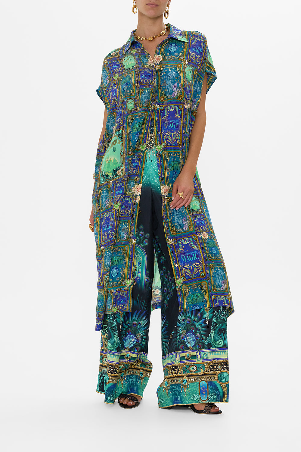 CAMILLA Green/Black Sleeveless Shirtdress in Defy Gravity Print