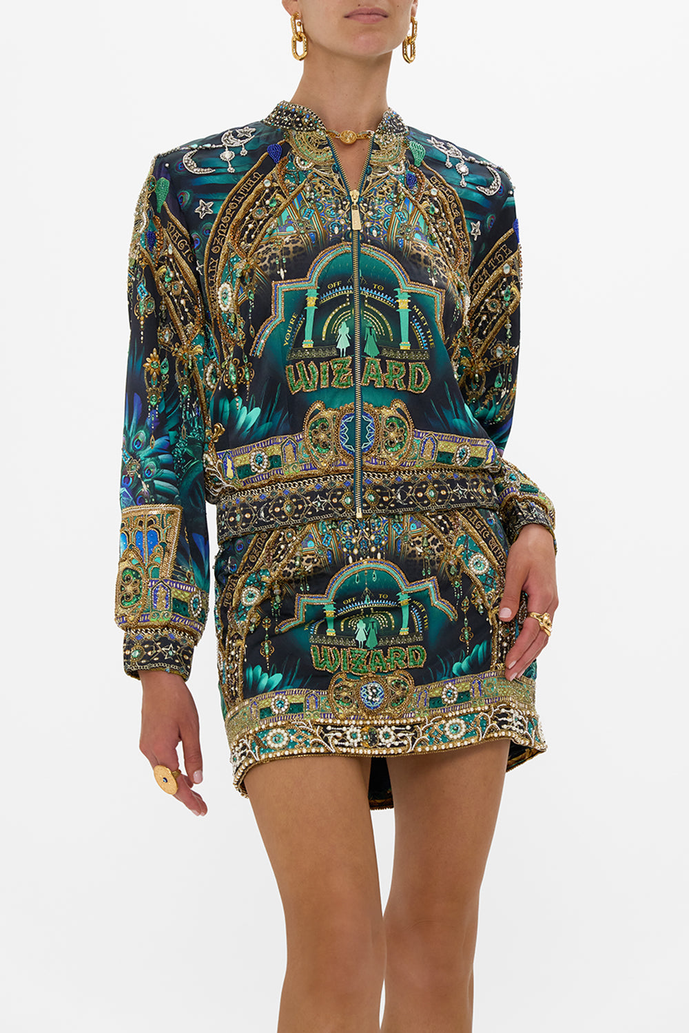 CAMILLA Green/Black Bomber Jacket in Defy Gravity Print