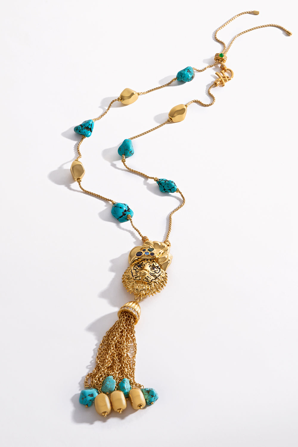 CAMILLA Gold Long Jaggi Necklace in Sacred Symbols print. 
