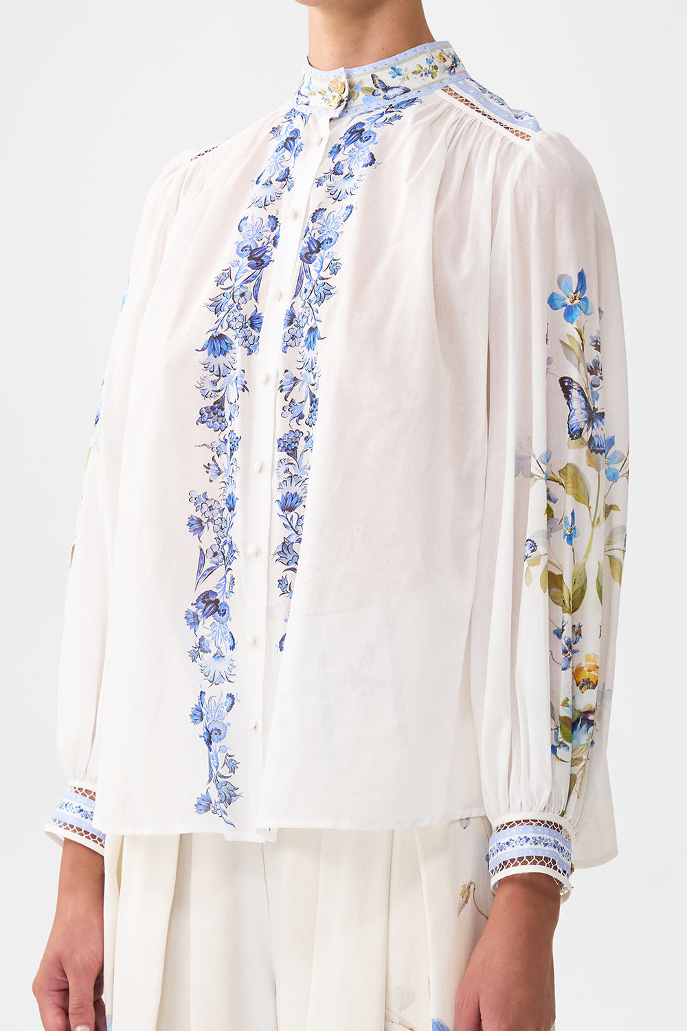The CAMILLA HIGH NECK BUTTON THROUGH BLOUSE BOTANICAL BALLADS