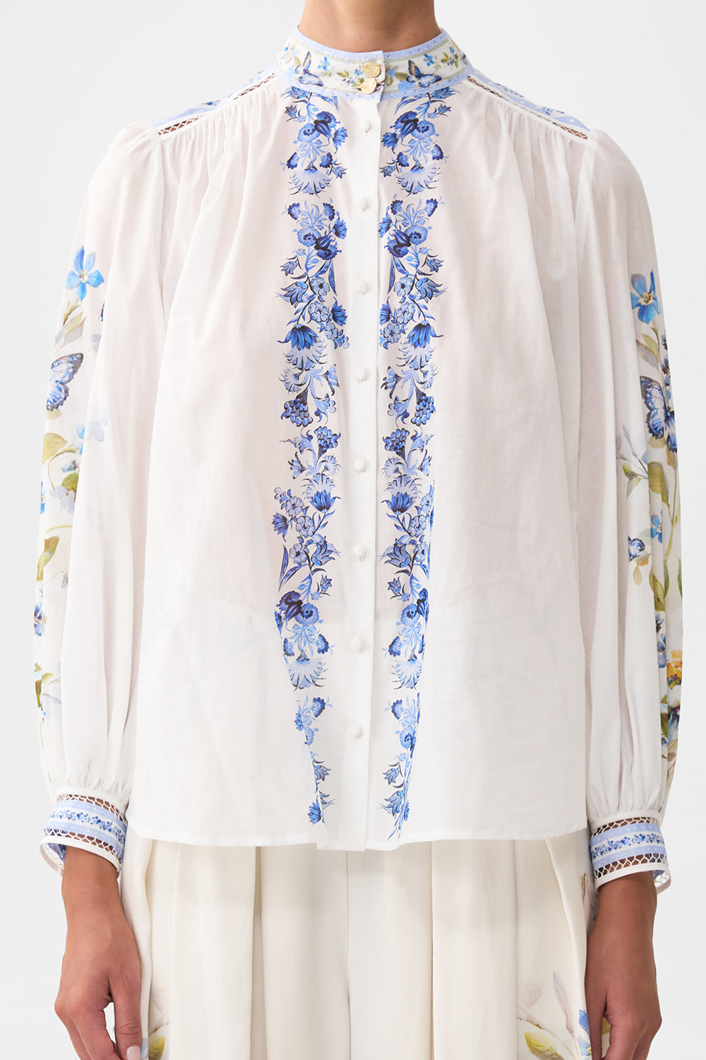 The CAMILLA HIGH NECK BUTTON THROUGH BLOUSE BOTANICAL BALLADS