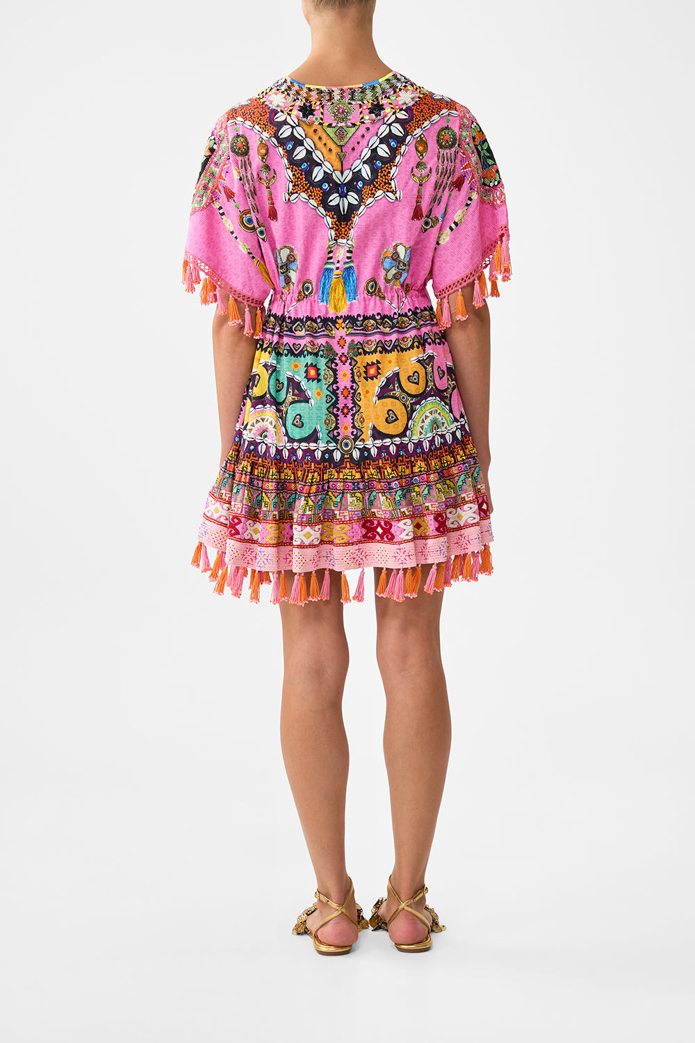 The CAMILLA SHORT V NECK EMBROIDERED DRESS PATCHWORK PANORAMA