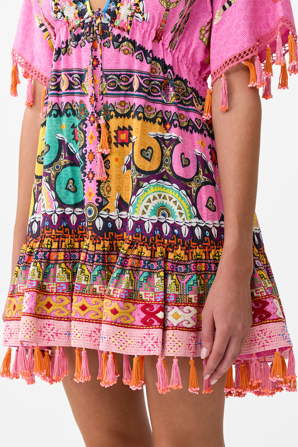 The CAMILLA SHORT V NECK EMBROIDERED DRESS PATCHWORK PANORAMA