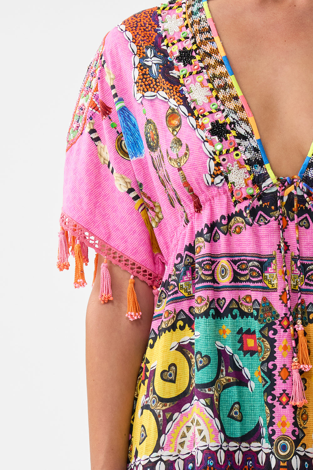 The CAMILLA SHORT V NECK EMBROIDERED DRESS PATCHWORK PANORAMA