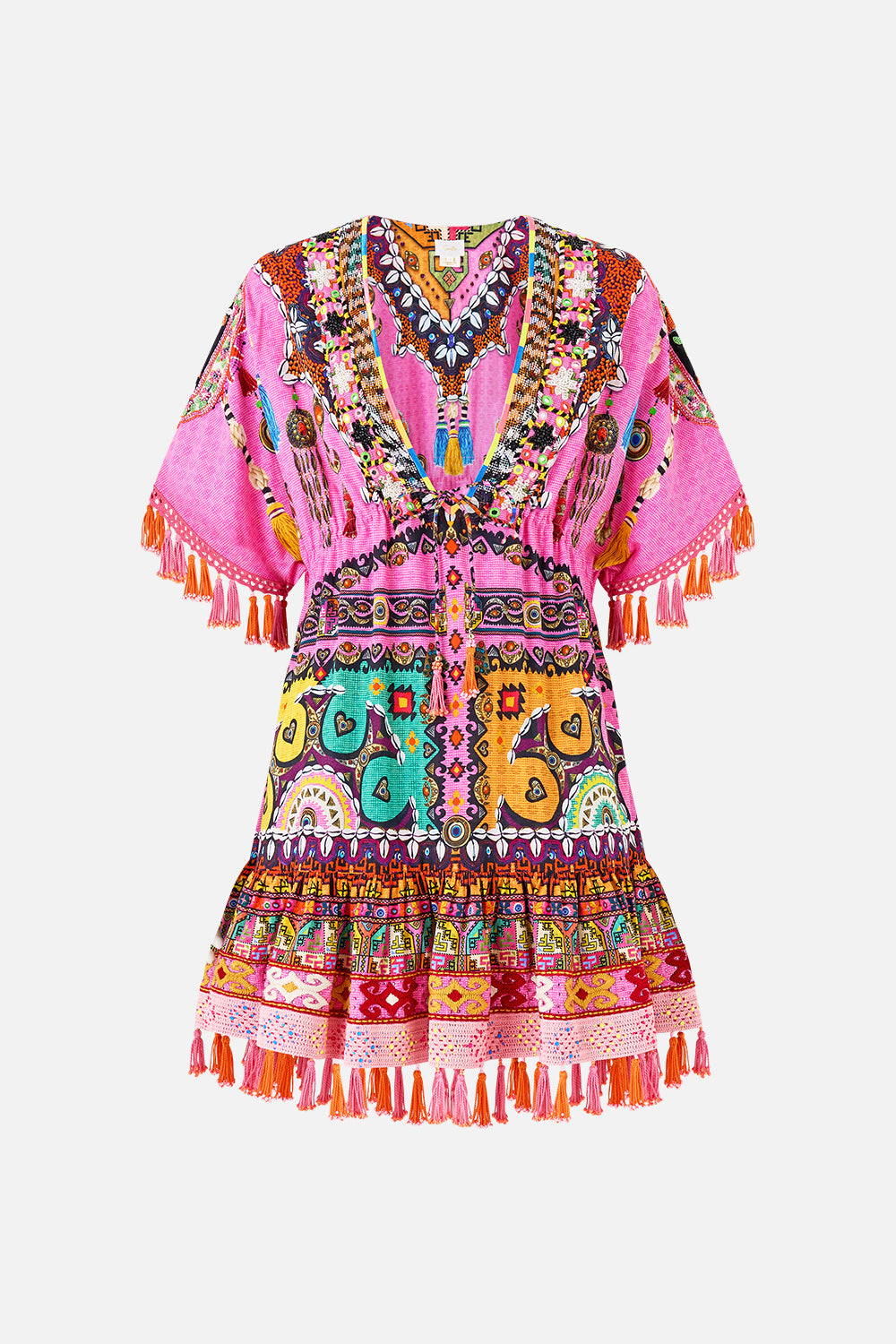 The CAMILLA SHORT V NECK EMBROIDERED DRESS PATCHWORK PANORAMA