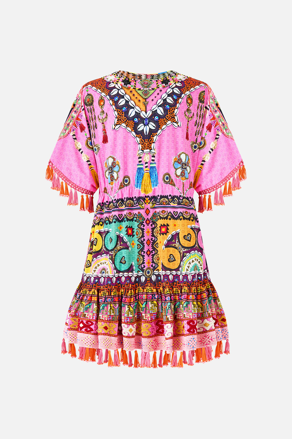 The CAMILLA SHORT V NECK EMBROIDERED DRESS PATCHWORK PANORAMA