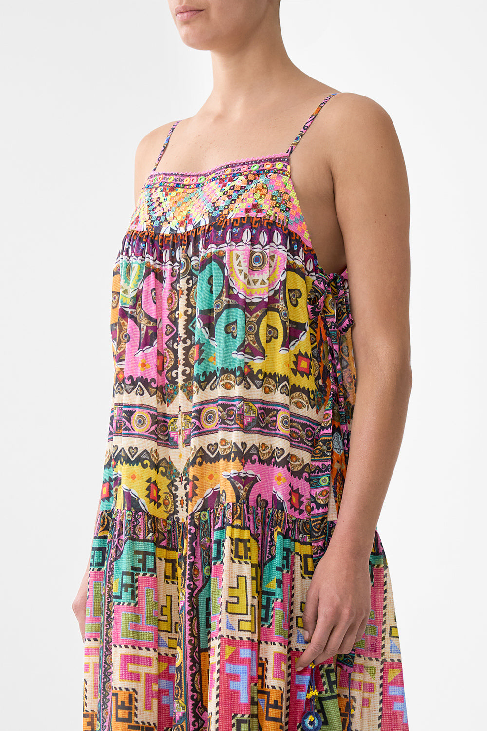 LONG TIERED DRESS WITH BOW TIES PATCHWORK PANORAMA