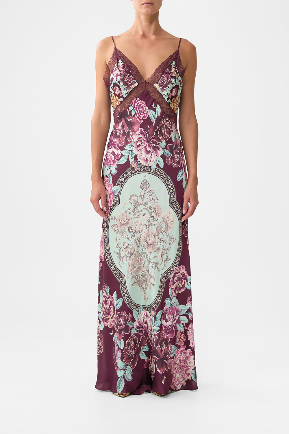 The CAMILLA V-NECK LONG BIAS SLIP DRESS WITH TRAIN IF THESE TILES COULD TALKIF THESE TILES COULD TALK