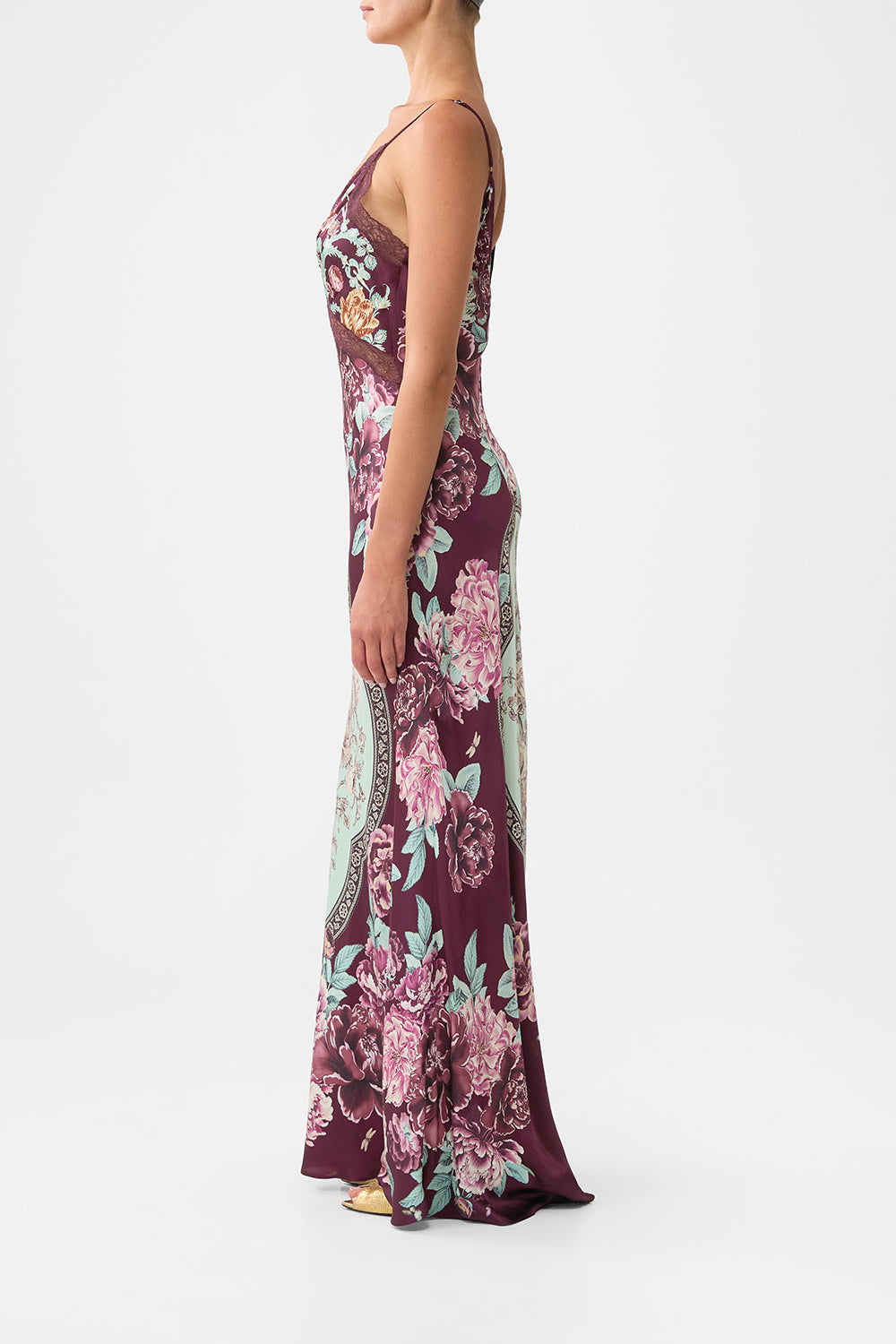 The CAMILLA V-NECK LONG BIAS SLIP DRESS WITH TRAIN IF THESE TILES COULD TALK