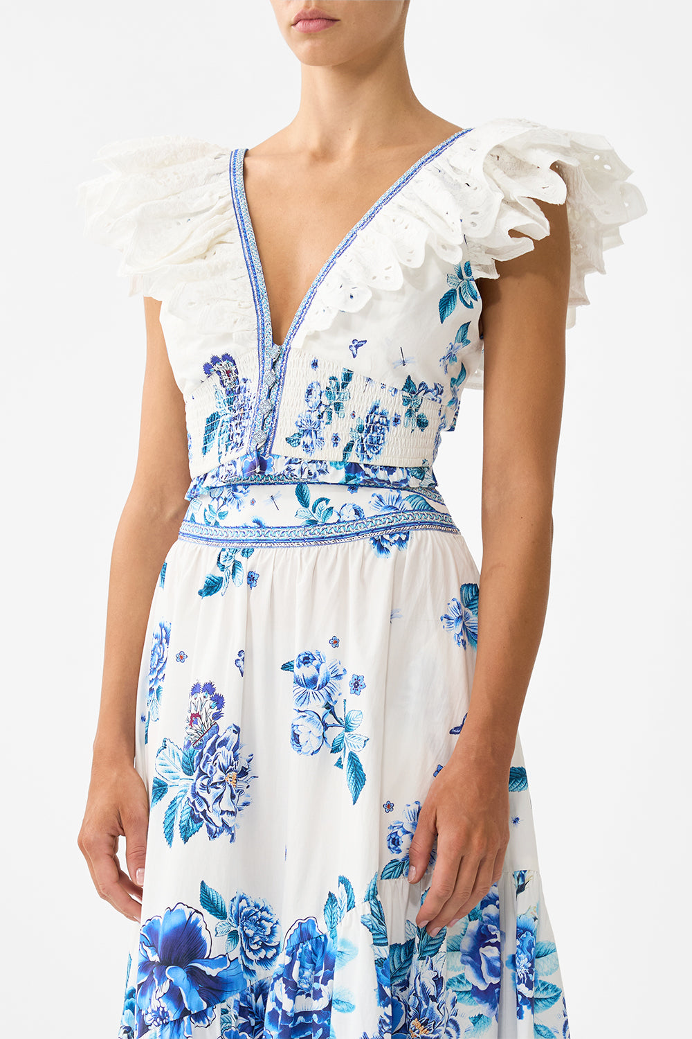 The A Ceramic Garden Deep V Frill Short Sleeve Top | CAMILLA AU