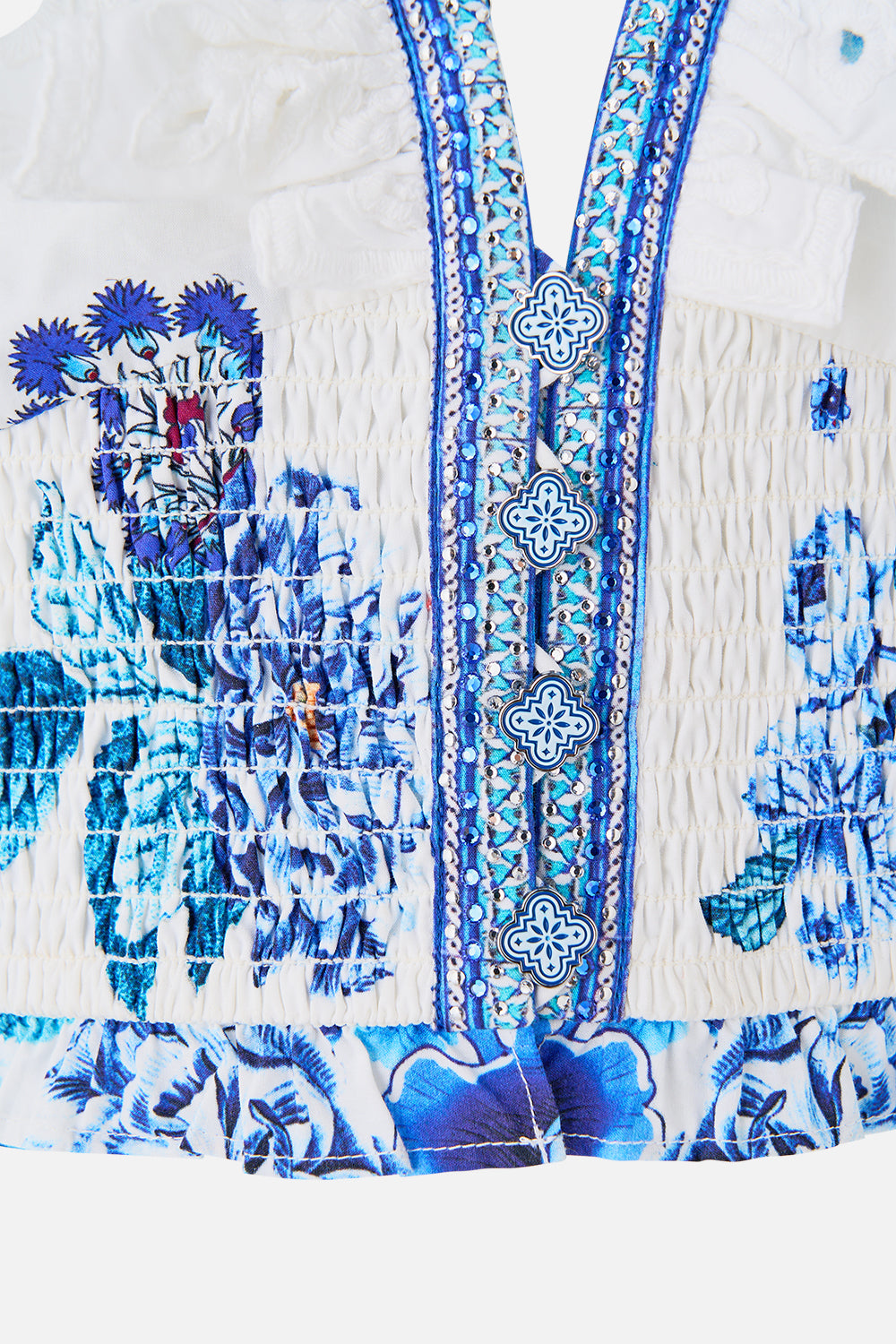 The A Ceramic Garden Deep V Frill Short Sleeve Top | CAMILLA AU