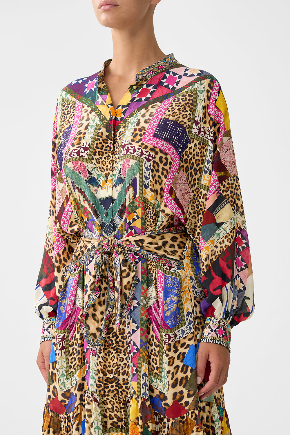 The CAMILLA TIERED SHIRTDRESS WITH WIDE WAIST TIE EMBROIDERED EVER AFTER
