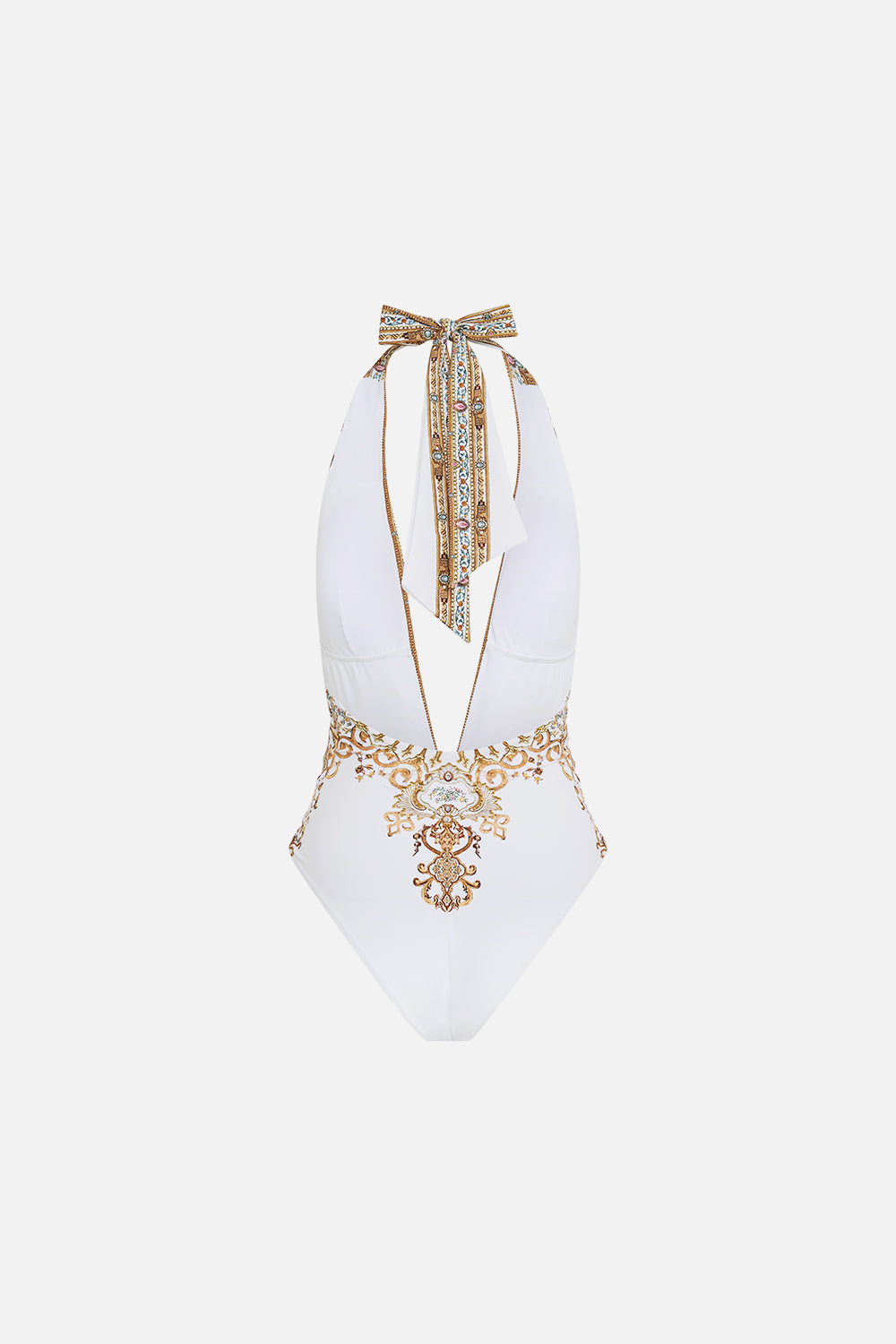 PLUNGE HALTER ONE PIECE WITH PLEATED WAIST TRIM OTTOMAN DYNASTY