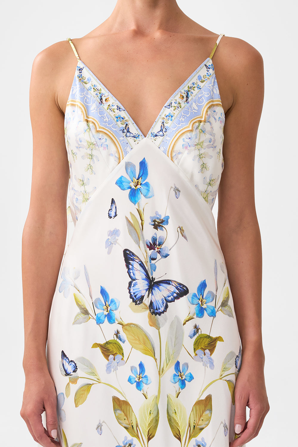V-NECK LONG BIAS SLIP DRESS WITH TRAIN BOTANICAL BALLADS