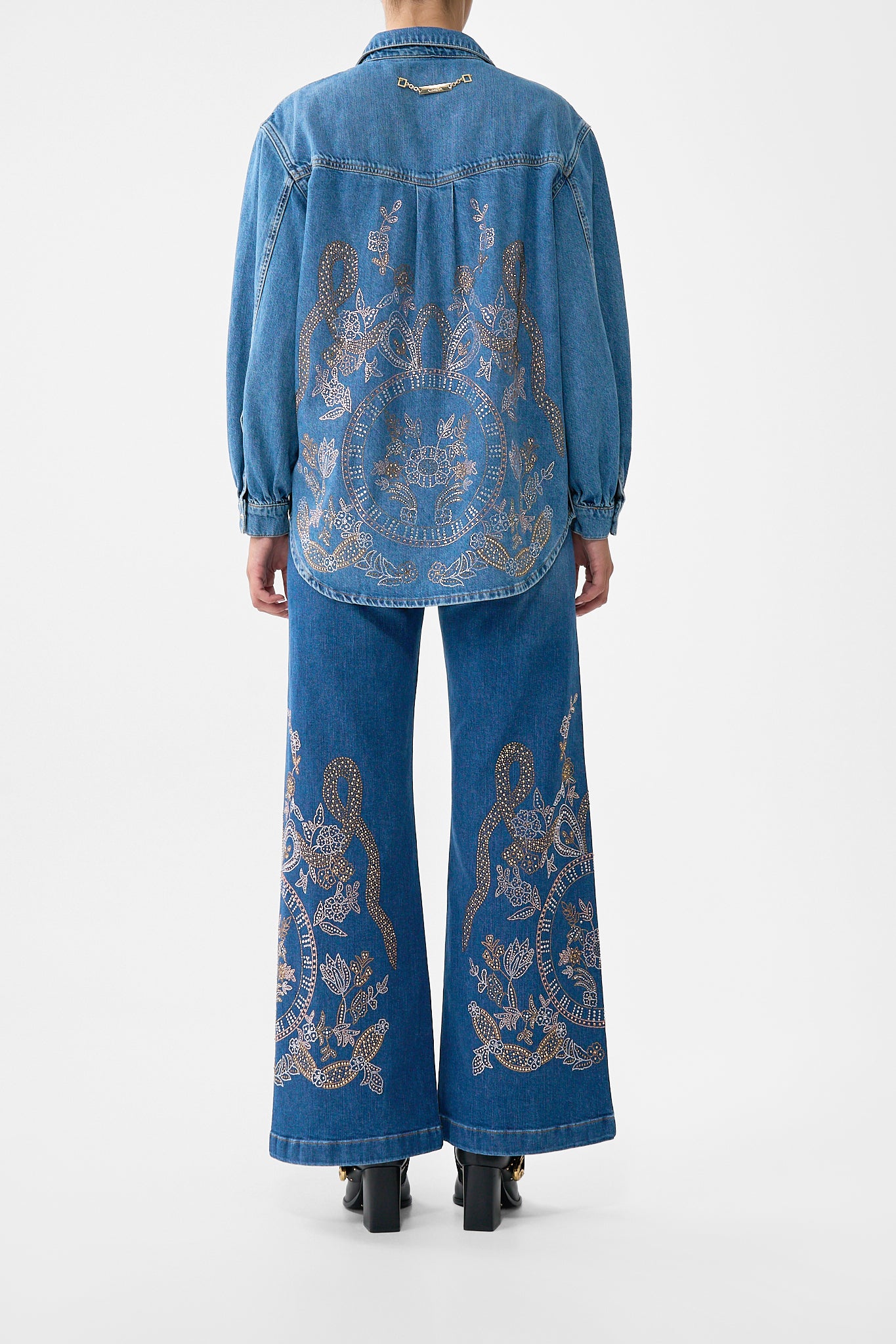 The CAMILLA Lalita Ace Of Lace Long Line Shirt in our Denim print.