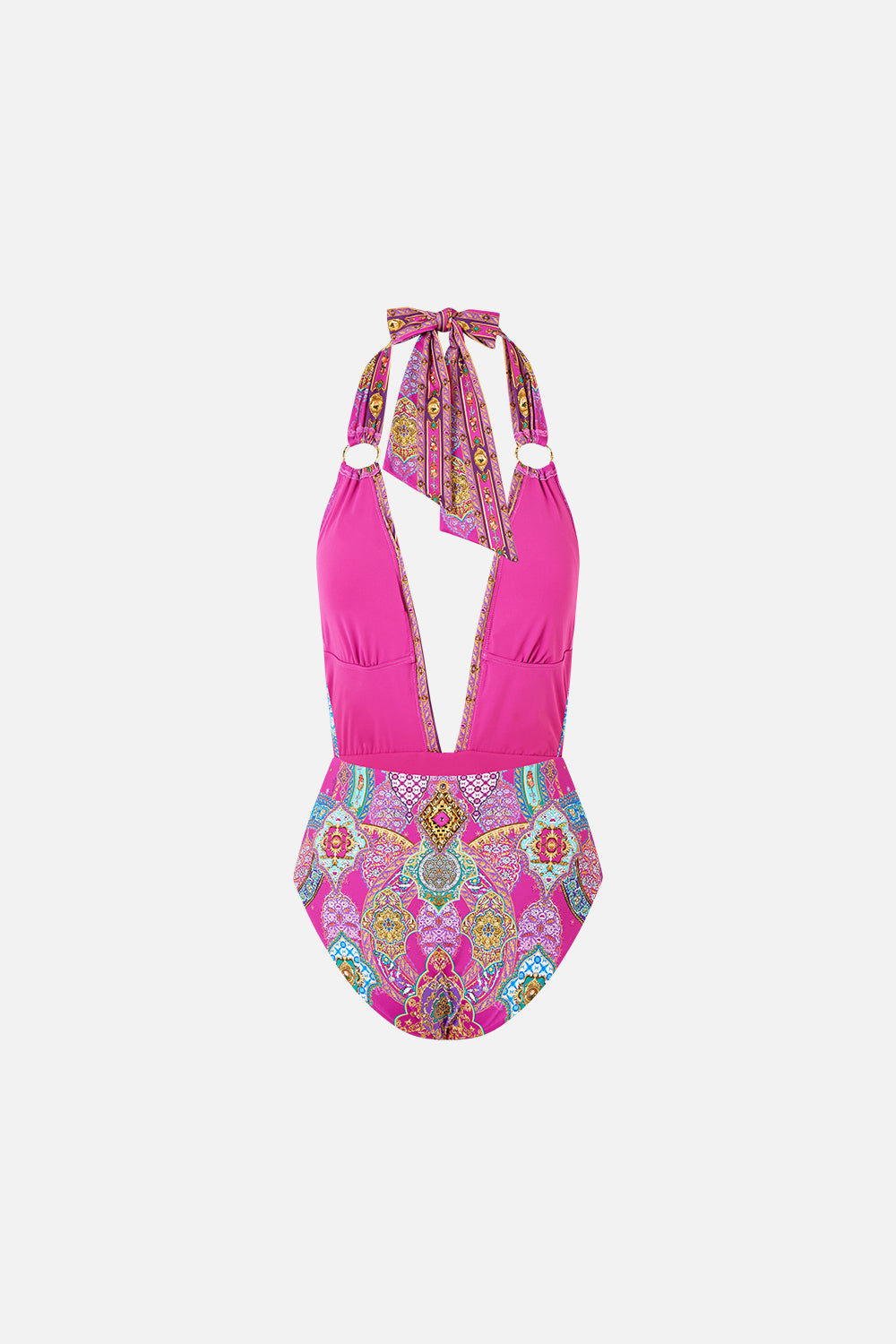 PLUNGE BACKLESS HALTER ONE PIECE WITH RING TIES CONCUBINES, SULTANS & COURTIERS