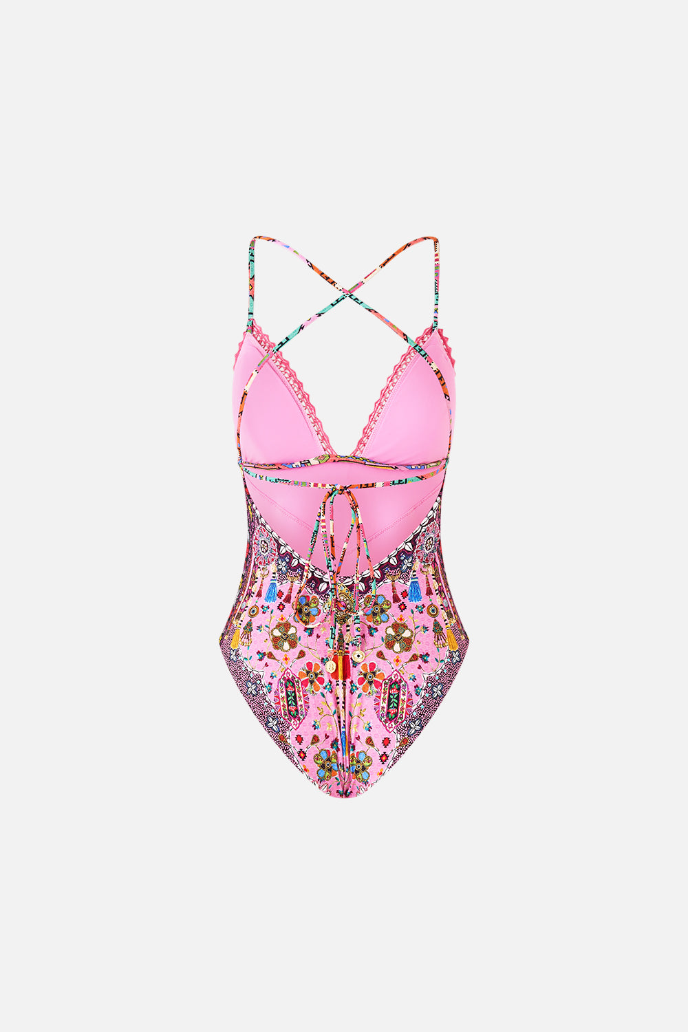 EMBROIDERED TRI ONE PIECE W TIE BACK PATCHWORK PANORAMA