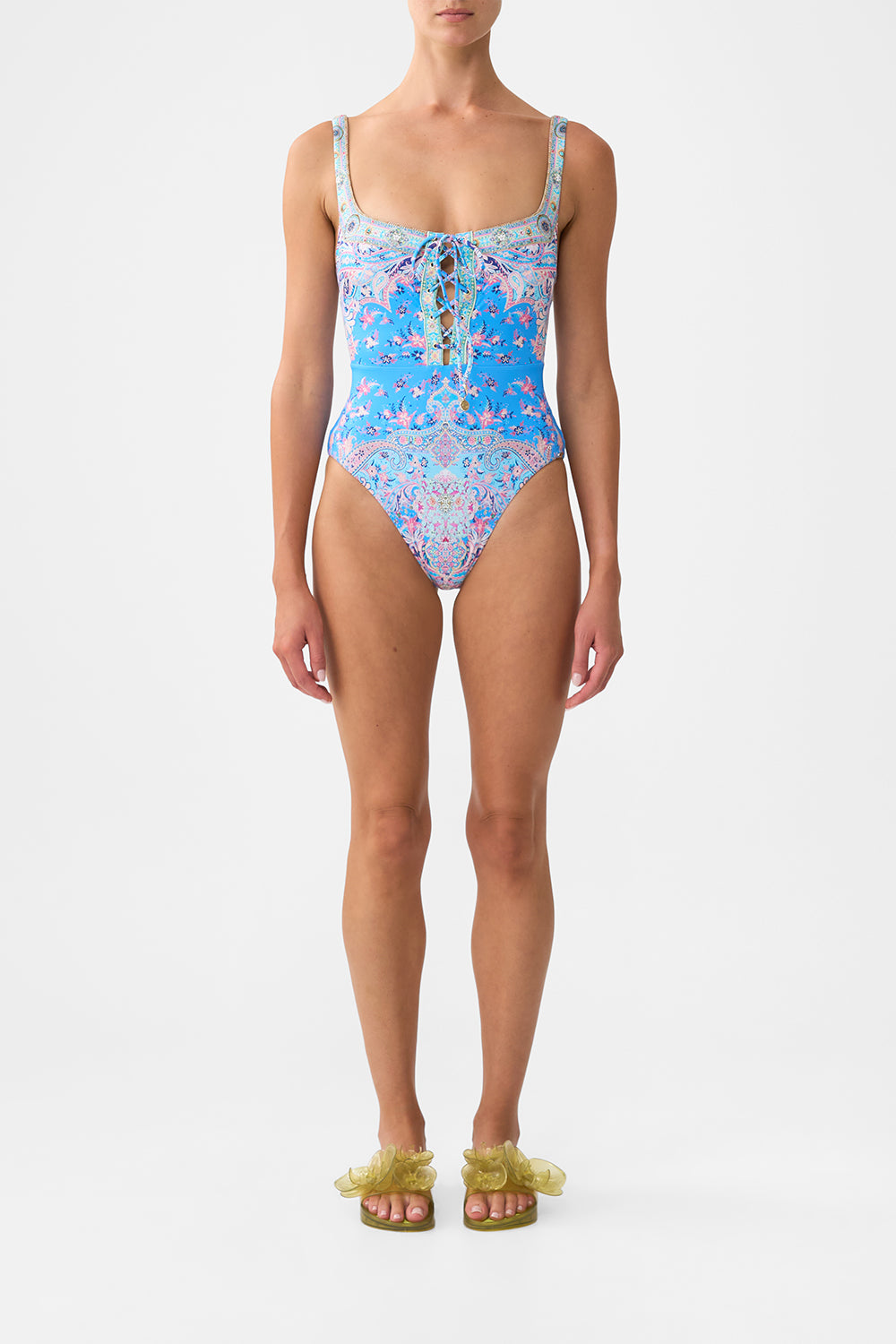 The CAMILLA LACE UP UNDERWIRE SQUARE NECK ONE PIECE FOOTSTEPS IN FOLKLOREFOOTSTEPS IN FOLKLORE