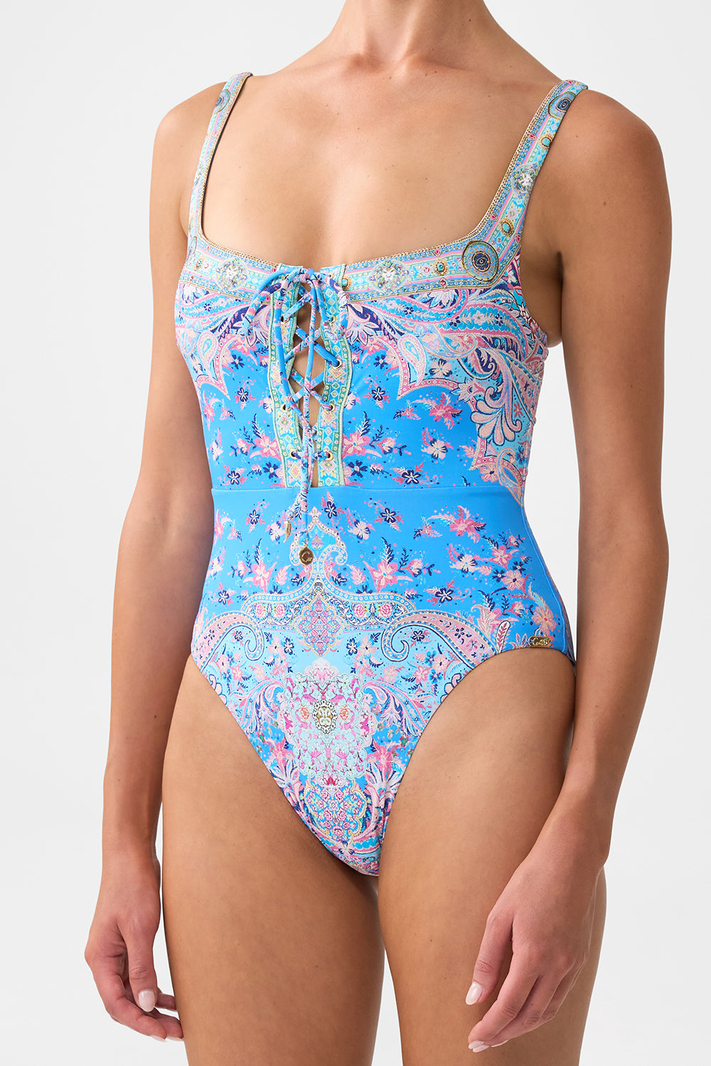 The CAMILLA LACE UP UNDERWIRE SQUARE NECK ONE PIECE FOOTSTEPS IN FOLKLORE