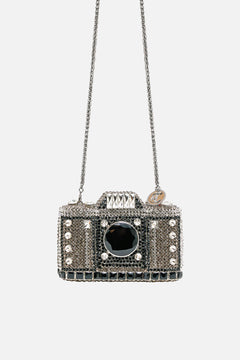 EMBELLISHED CRYSTAL CAMERA CLUTCH BAG CRYSTAL