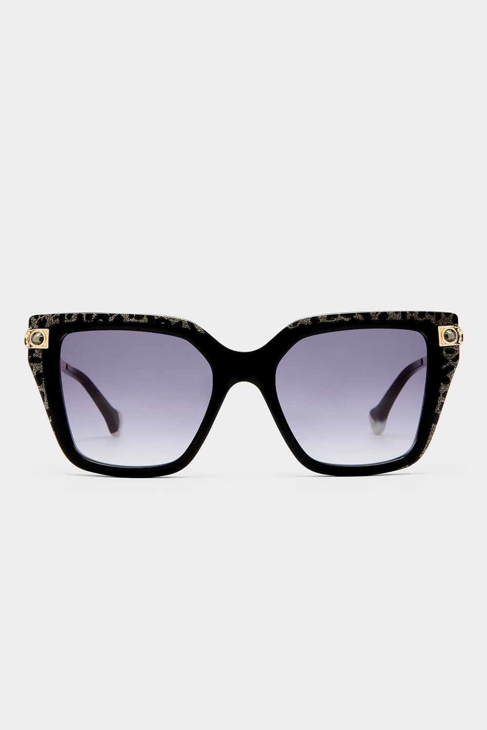 HERE COMES TROUBLE SUNGLASSES BLACK / GOLD LEOPARD GLITTER