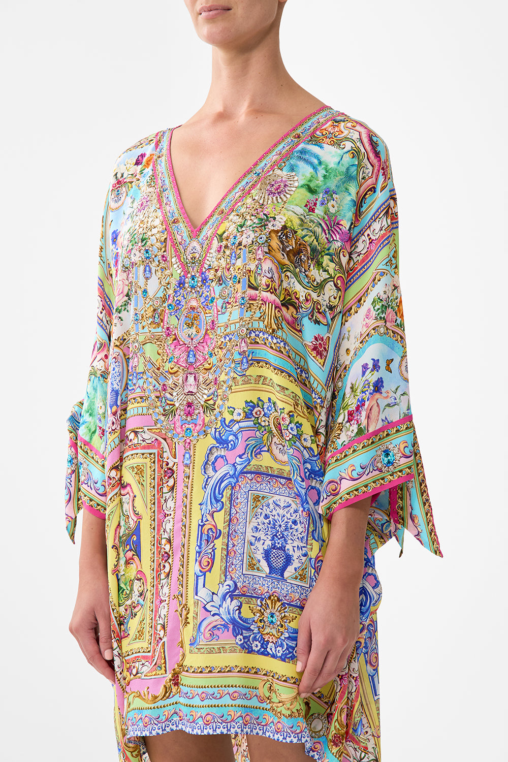 The CAMILLA Tie Sleeve Short V Neck Kaftan in our Spirit Of Santa Maria print.