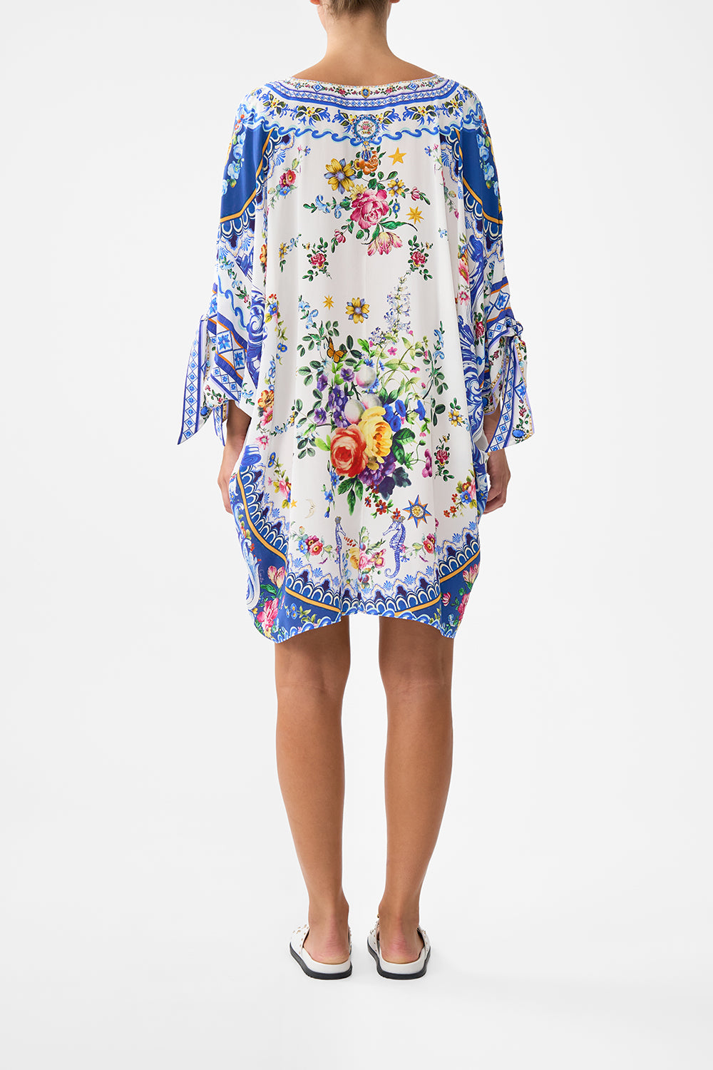 The CAMILLA Tie Sleeve Short V Neck Kaftan in our Tiles Darls print.