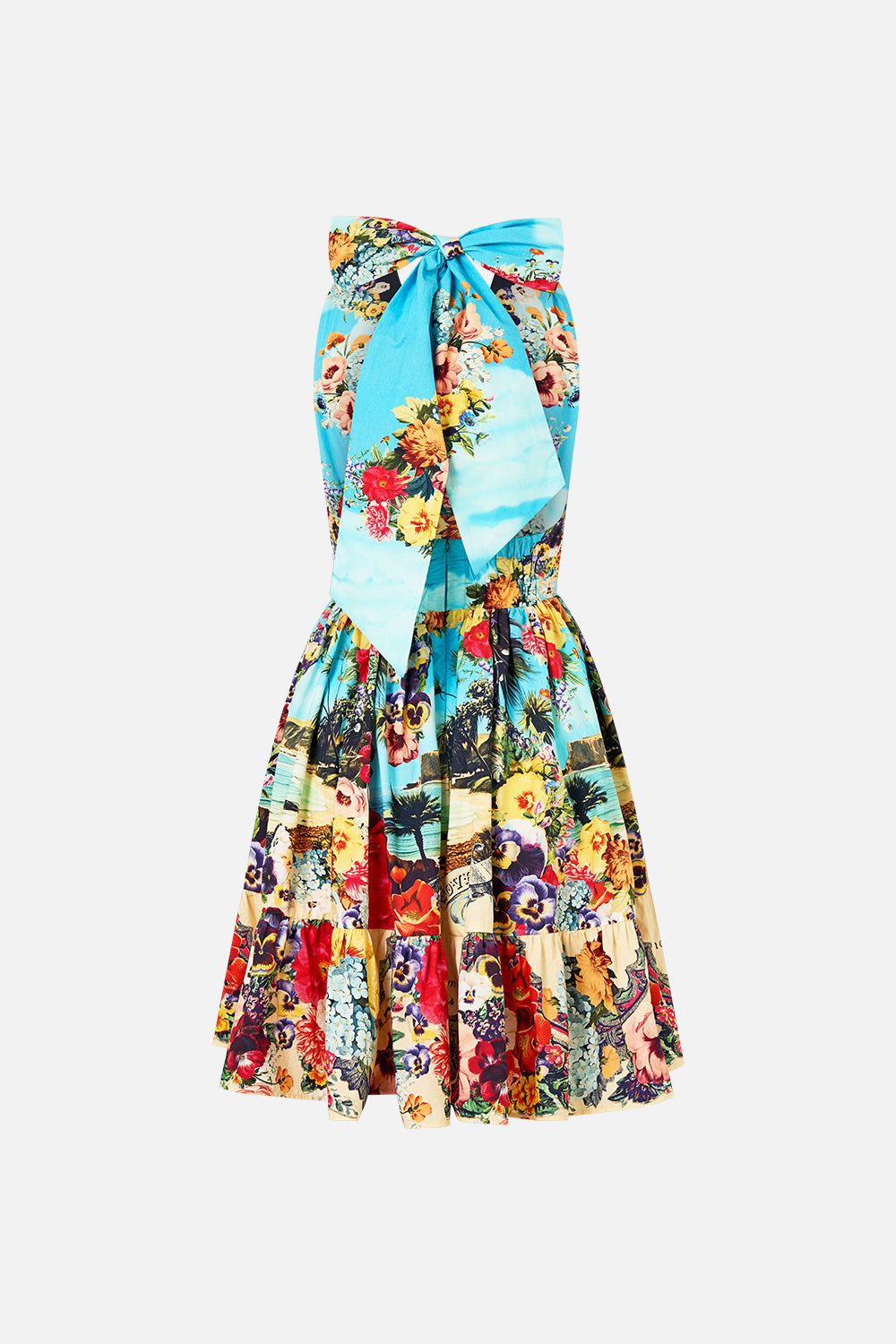 The CAMILLA Ruffle Hem Halter Short Dress in our Bathing Bombshell print.