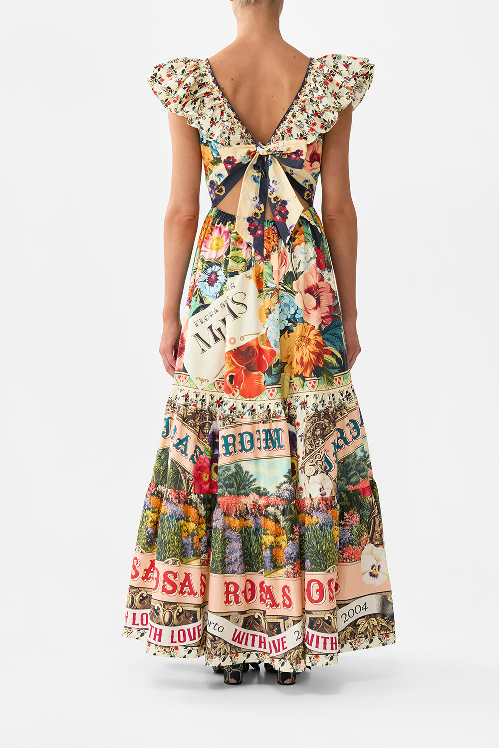 The CAMILLA Tiered Dress With Neck Frill in our Aromatic Amor print.