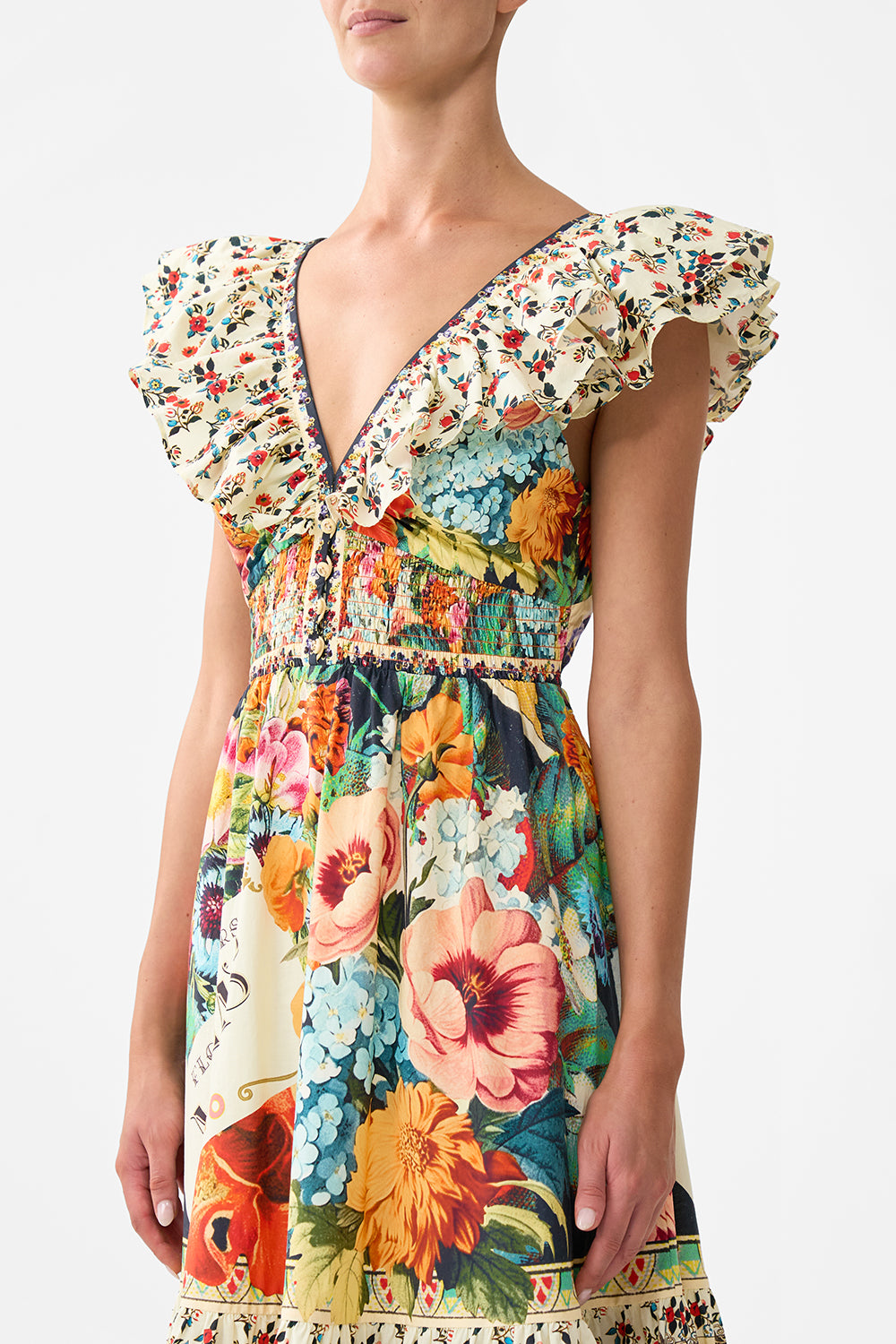 The CAMILLA Tiered Dress With Neck Frill in our Aromatic Amor print.