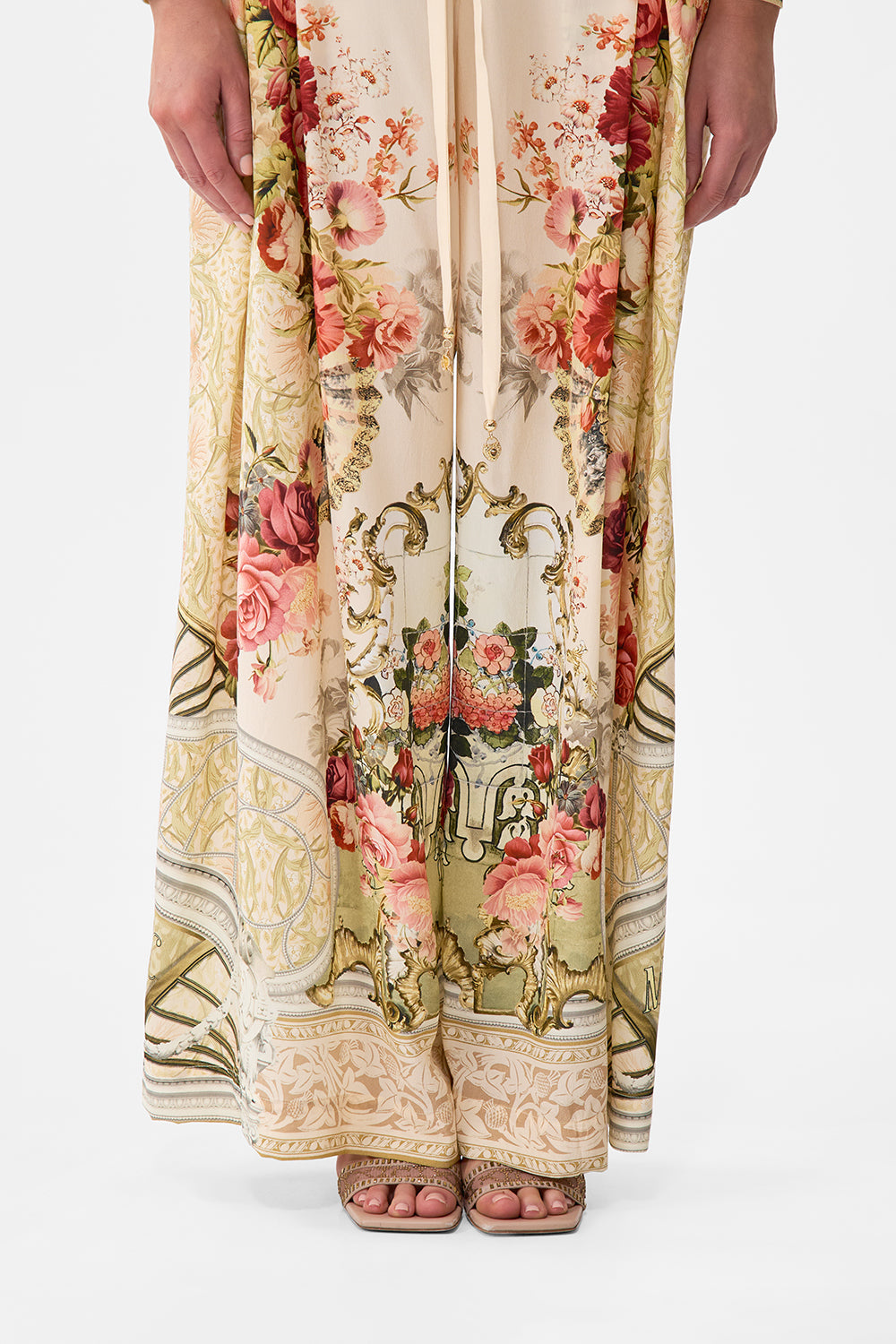 The CAMILLA Soft Wide Leg Pant With Tie Detail in our Meet Me At The Majestic print.