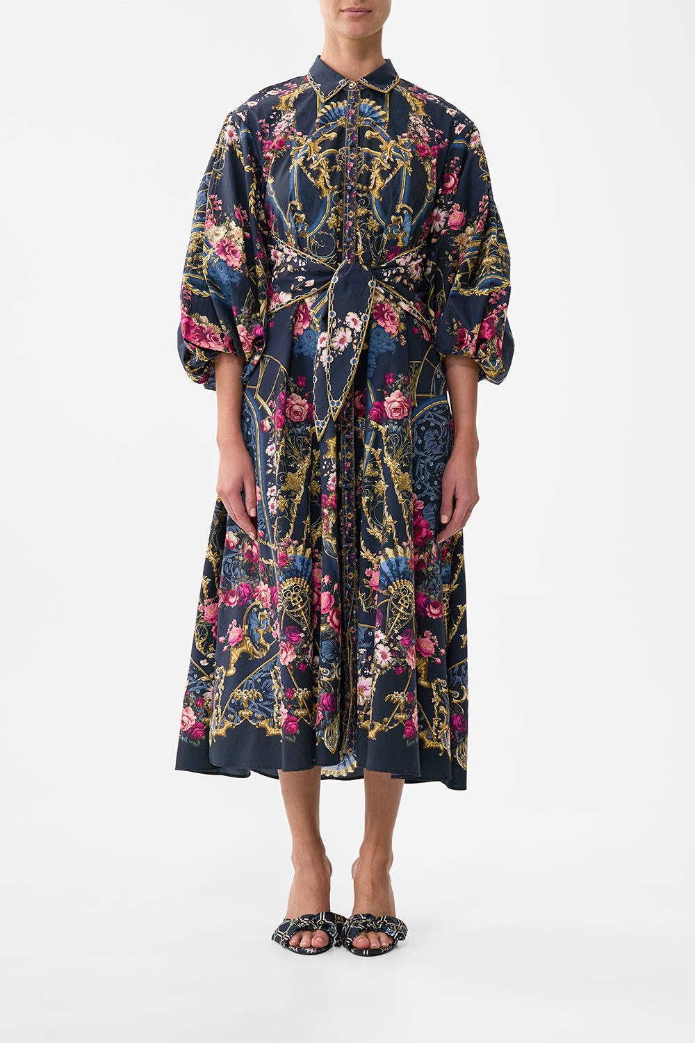 The CAMILLA Waist Tie Shirt Dress With Bubble Sleeve in our Ornate On A Plate print.