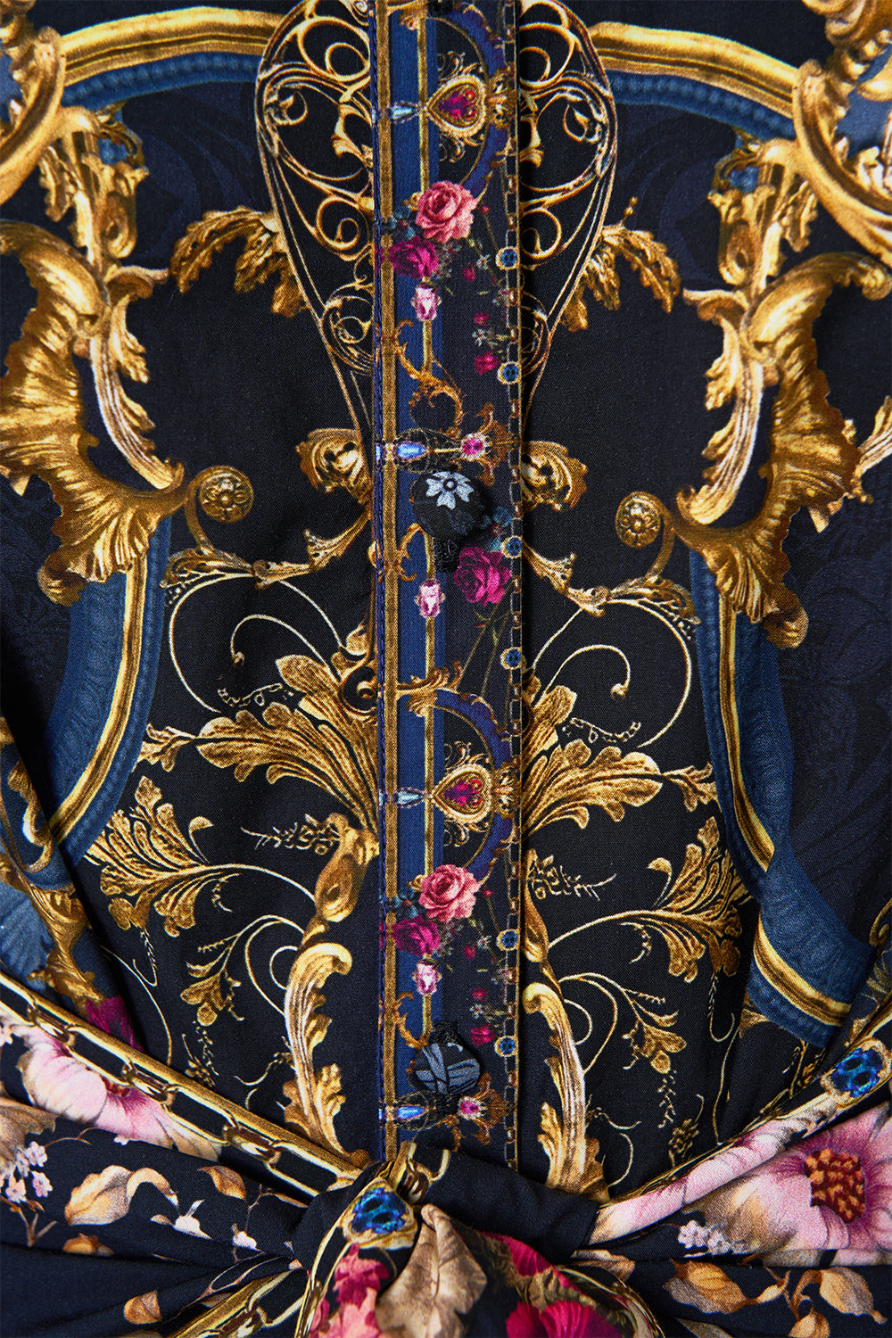 The CAMILLA Waist Tie Shirt Dress With Bubble Sleeve in our Ornate On A Plate print.