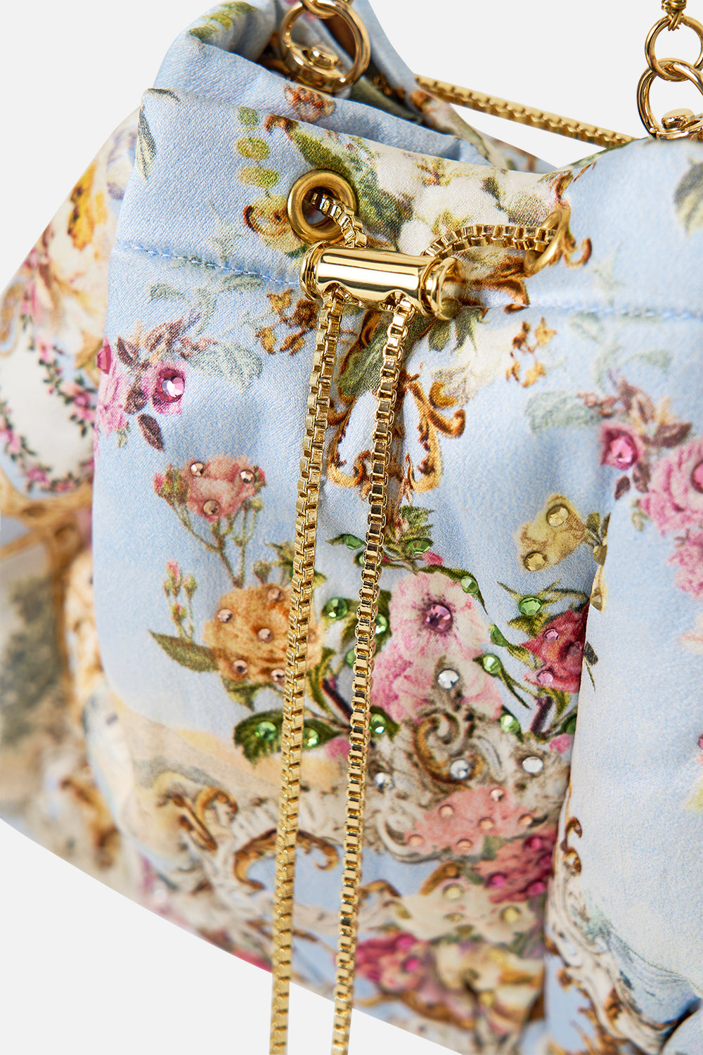 DRAWSTRING POUCH BAG WITH CHAIN STRAP TILED IN TIME