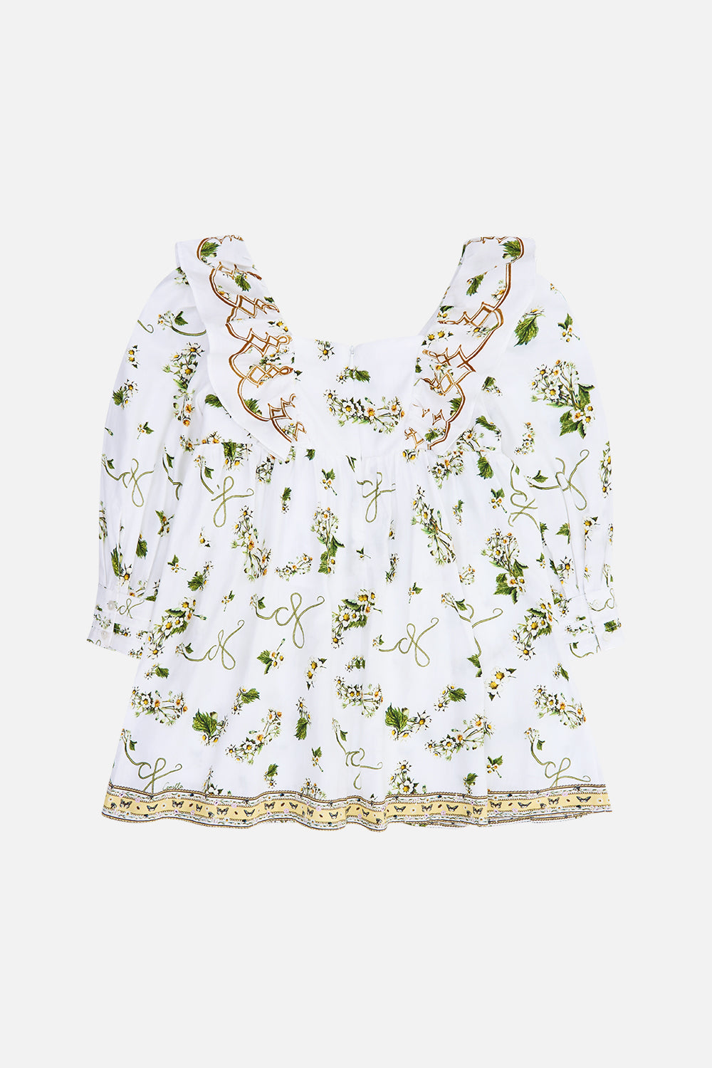 The CAMILLA Kids Long Puff Sleeve Frill Mini Dress 4-10 in our Daisy Chains print.