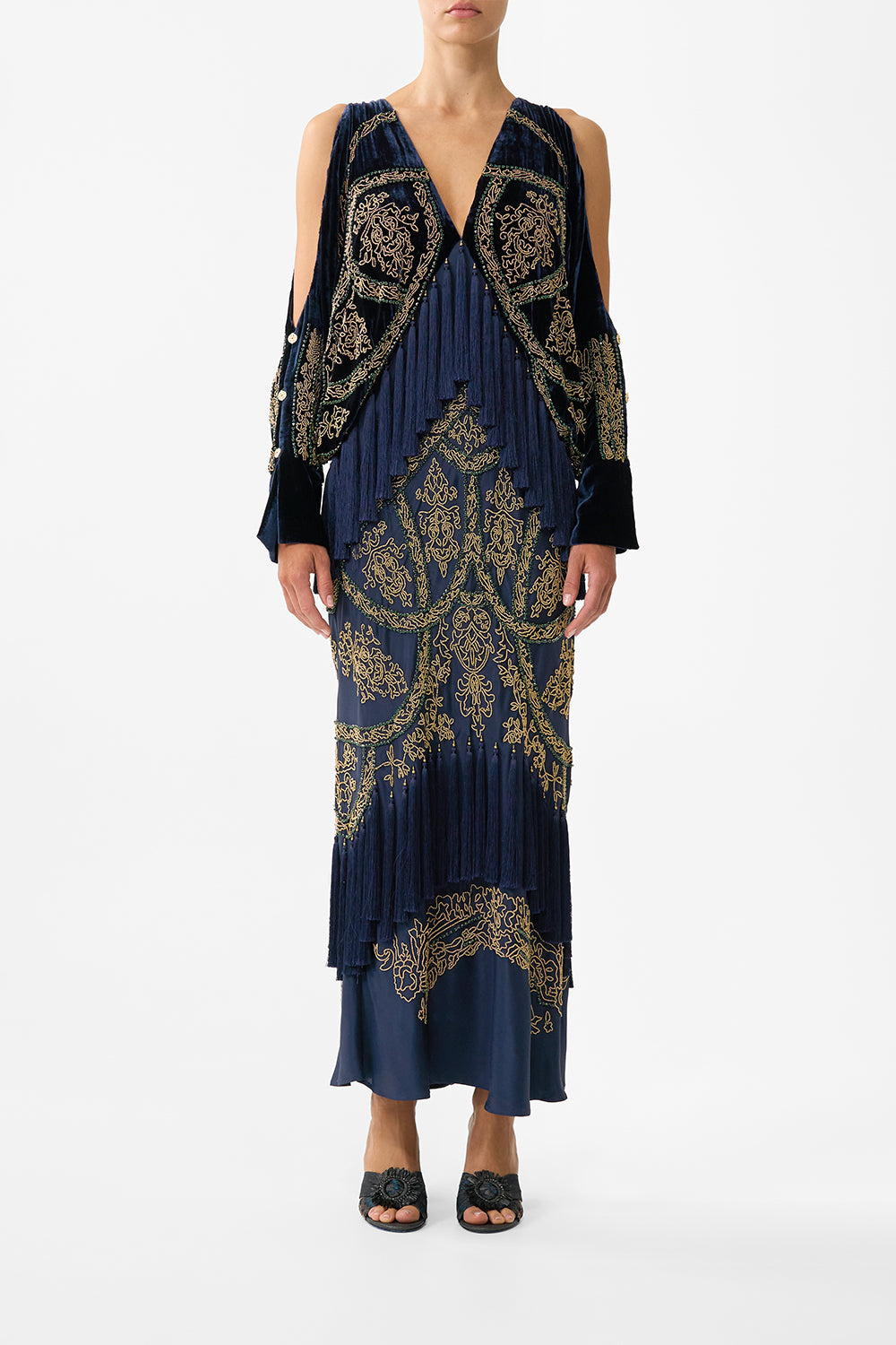 PLUNGE NECK DRAPED SHOULDER DRESS THE IMPERIAL GATE