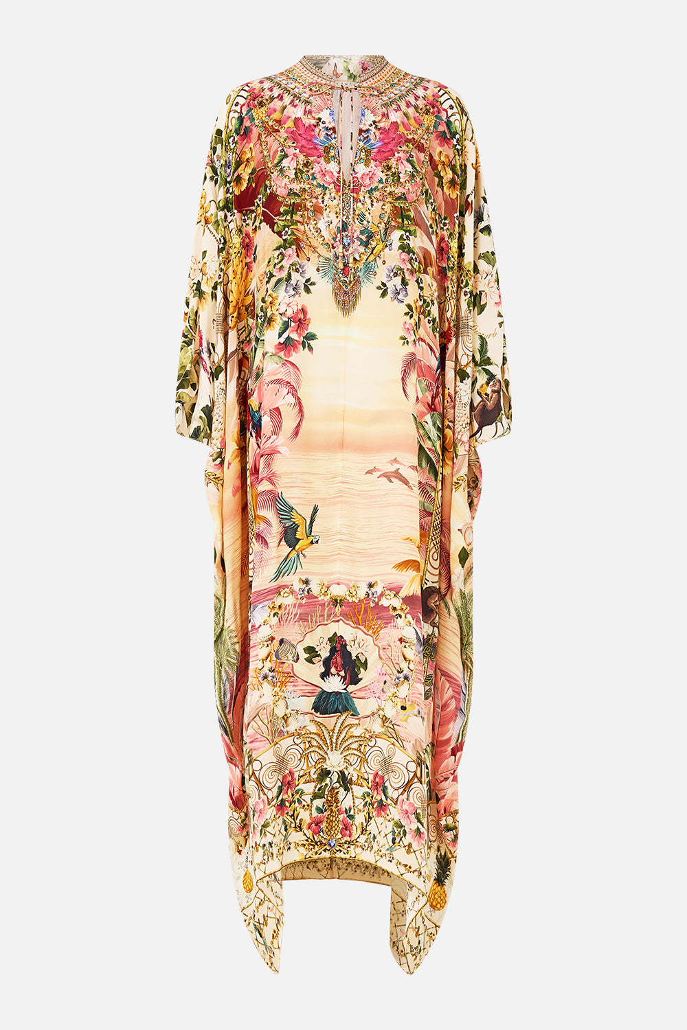 CAMILLA Neck Tie Maxi Kaftan in Welcome To The White Lotus print