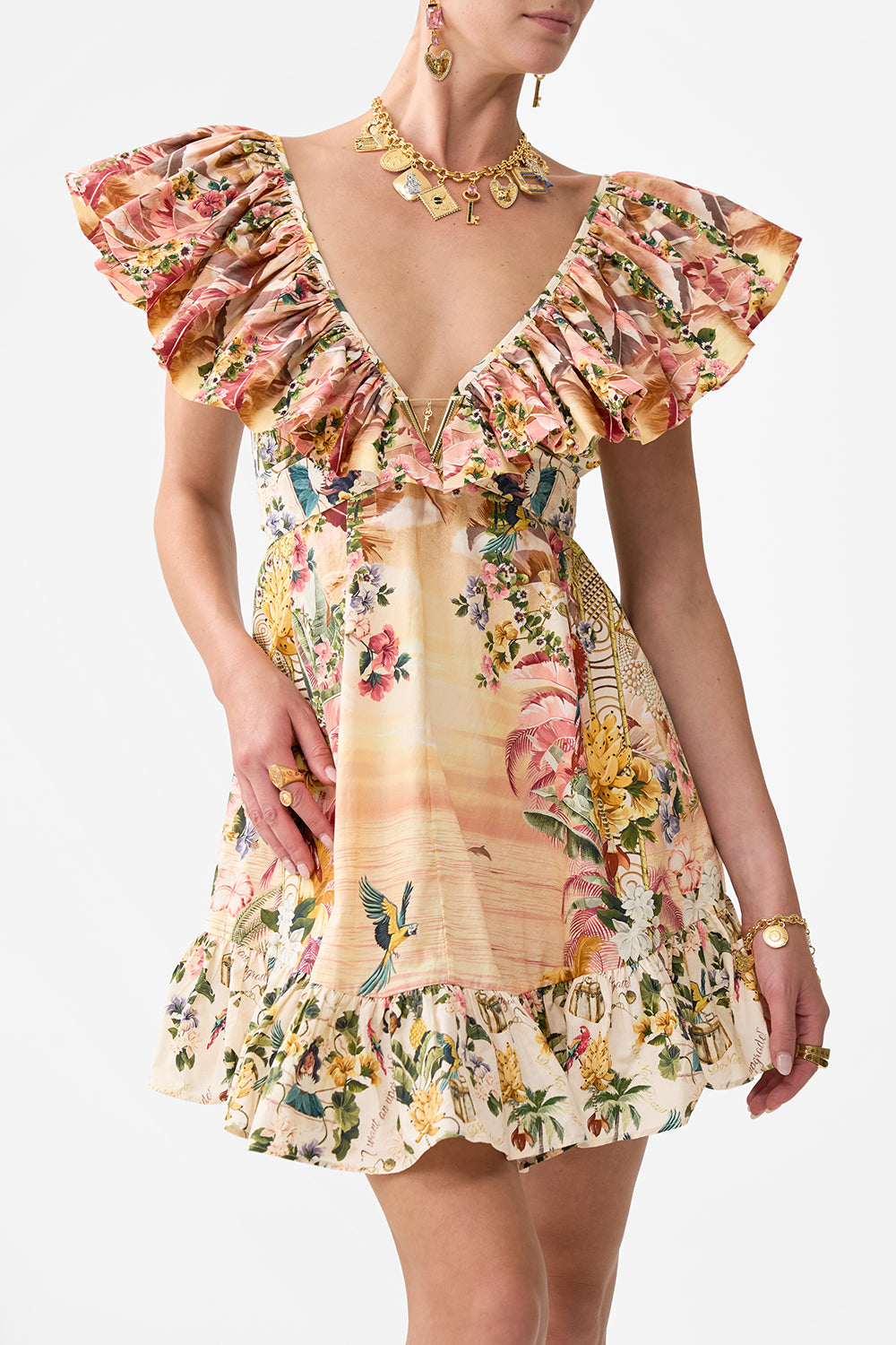 The CAMILLA SHORT FRILL NECK DRESS WITH HARDWARE WELCOME TO THE WHITE LOTUS
