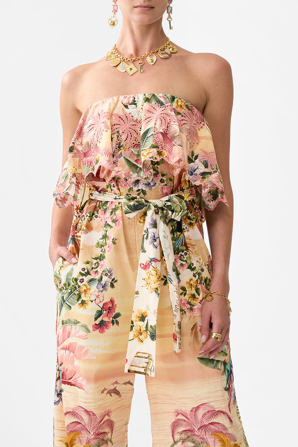 The CAMILLA STRAPLESS JUMPSUIT WITH FRILL WELCOME TO THE WHITE LOTUS
