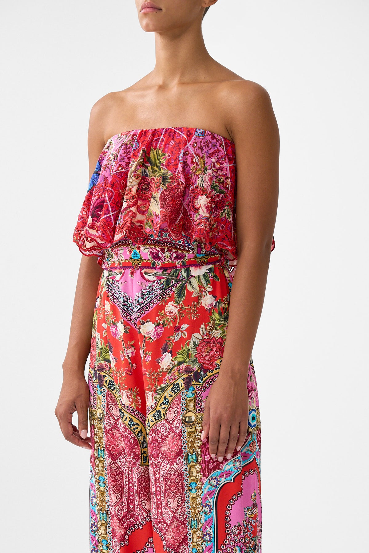 The CAMILLA STRAPLESS JUMPSUIT WITH FRILL HEIRLOOM EMPIRE